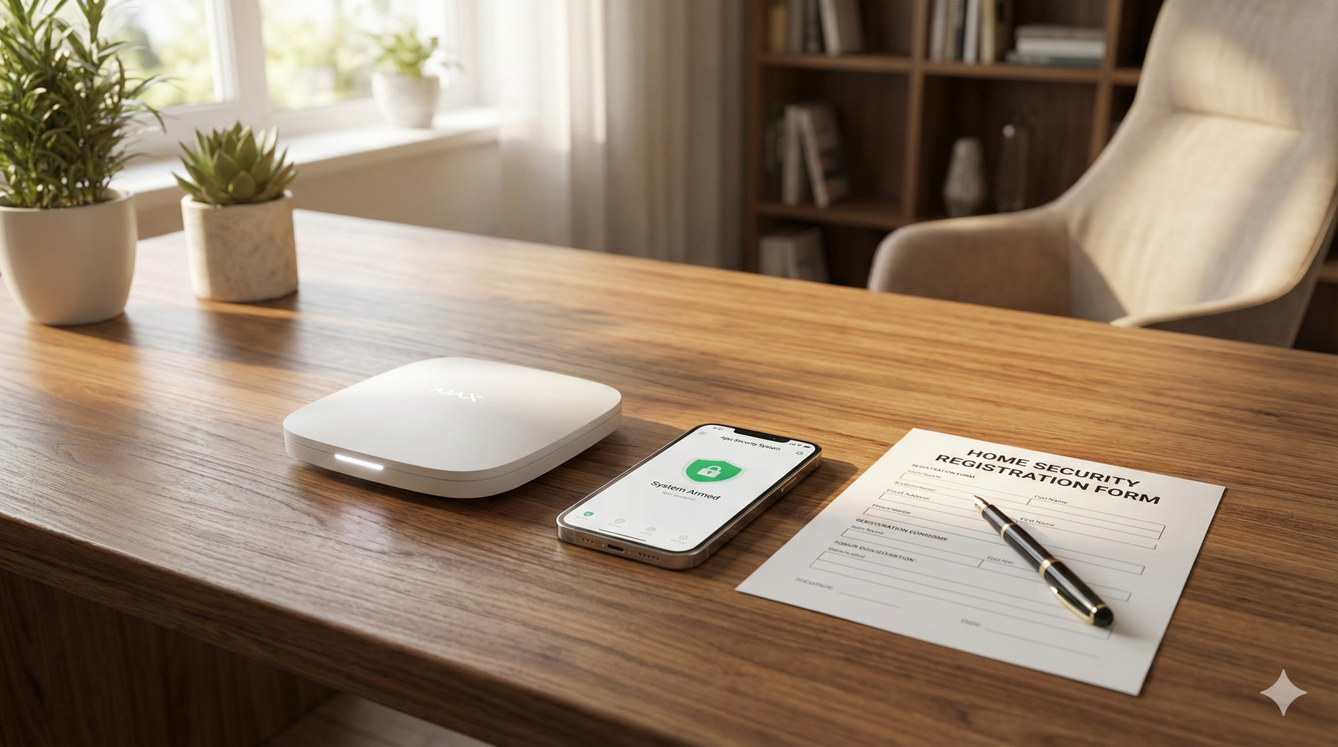 Dispositivo de segurança doméstica branco ao lado de telemóvel e formulário de registo sobre mesa de madeira