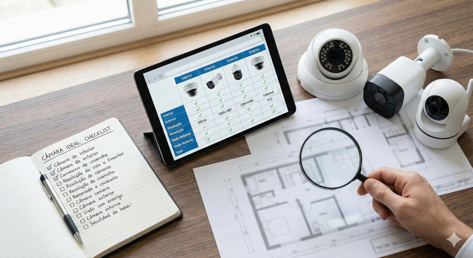 Mesa em madeira com câmaras segurança, tablet com tabela e caderno com checklist