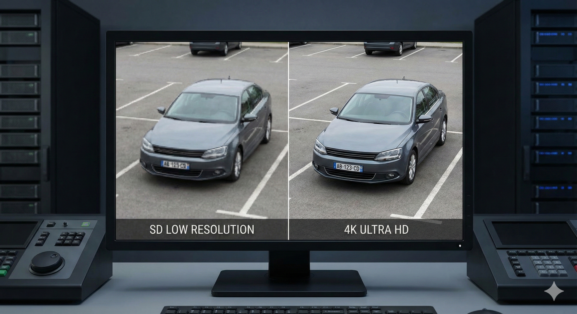 Monitor mostra comparação de vídeo de carro cinzento estacionado com SD LOW RESOLUTION e 4K ULTRA HD