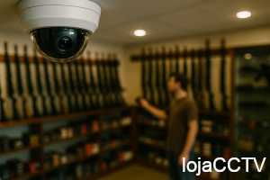Câmara de segurança dome branca numa loja de armas com espingardas ao fundo e homem a observar as armas