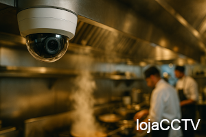 Câmara de vigilância domo branca com lente preta numa cozinha profissional com chefs ao fundo