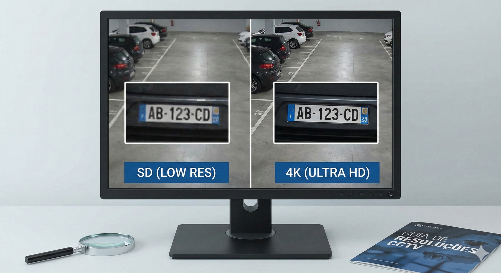 Monitor com comparação de imagens SD e 4K de estacionamento, lupa e revista sobre mesa branca
