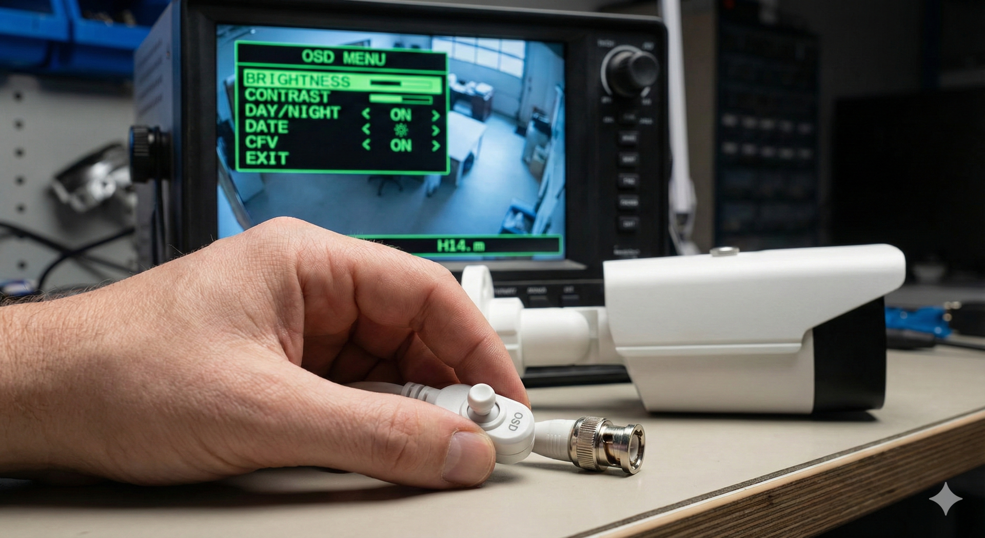 Câmara de vigilância branca e monitor preto com menu OSD verde numa mesa de trabalho.