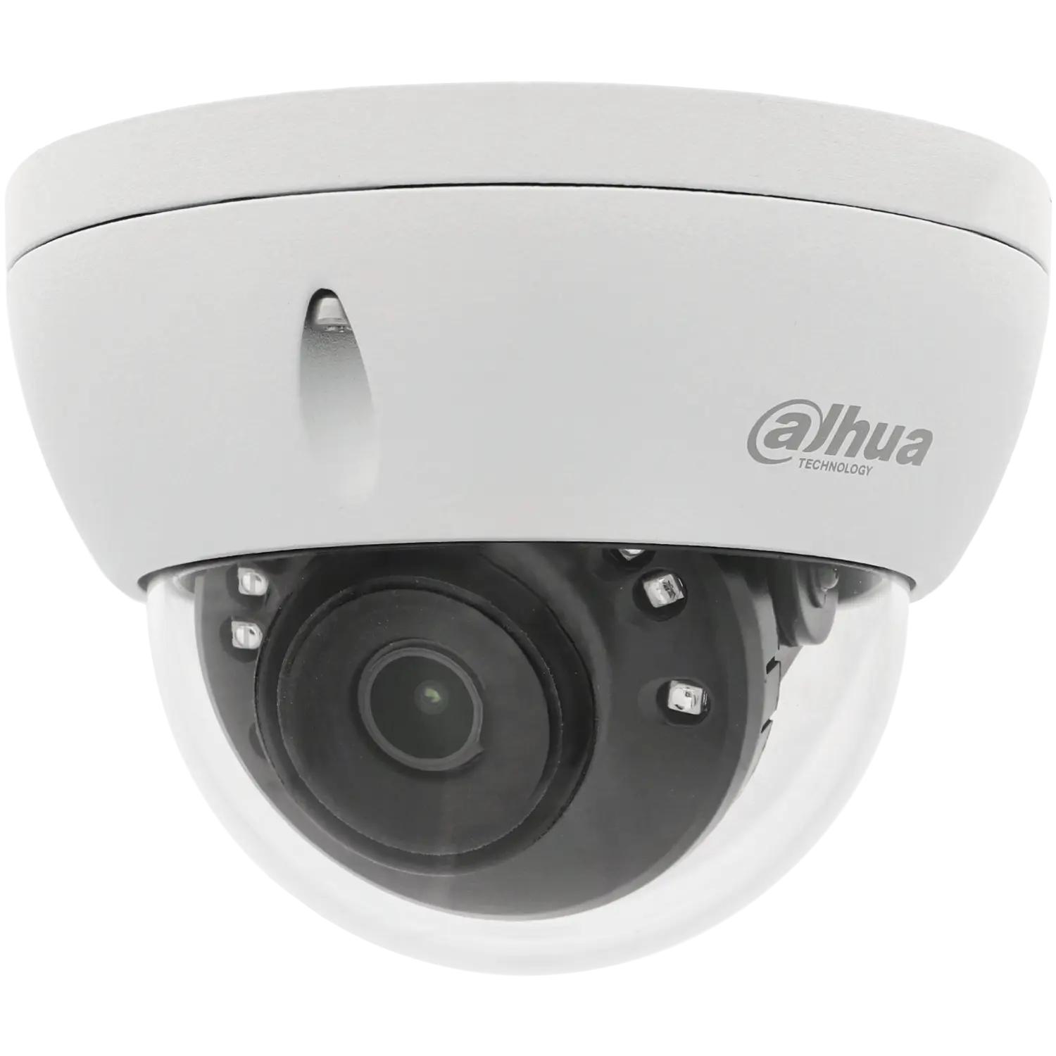 Câmara com fios (Coaxial) Mini-Dome Branca 5mpx 2.8mm 30m IP67 IK10 - Dahua HAC-HDBW1500E-S2 Câmara de segurança dome branca com proteção de cúpula e logótipo Dahua