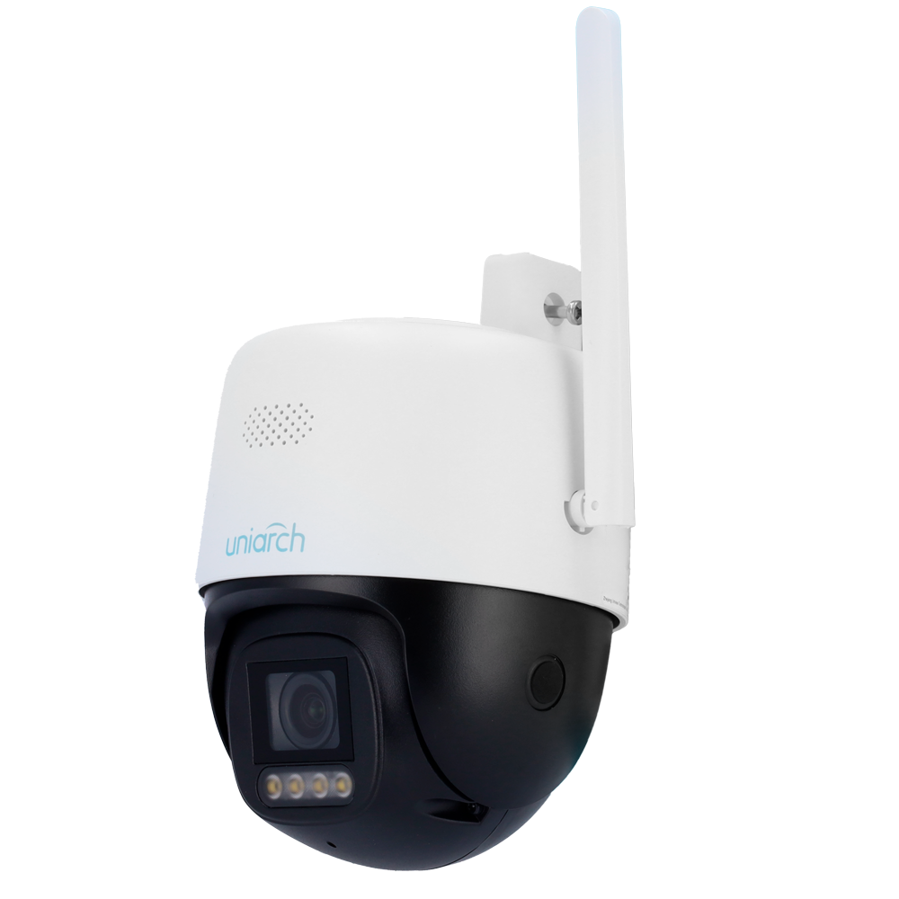 Câmara PT IP Uniview UHO?P3C?M5F4 5?MP Wi?Fi com Áudio Bidirecional, Luz e Sirene Câmara de segurança branca e preta Uniarch com antena e lente