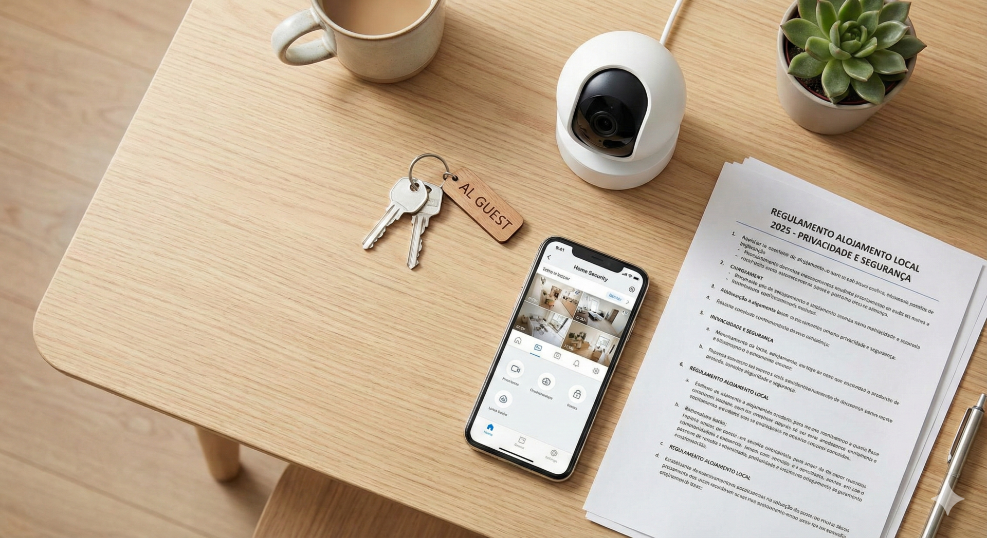 Mesa com copo, vaso com planta, documento regulamentar, botão de campainha, chaves com etiqueta ALUGUEST e telemóvel com imagens de câmaras de segurança