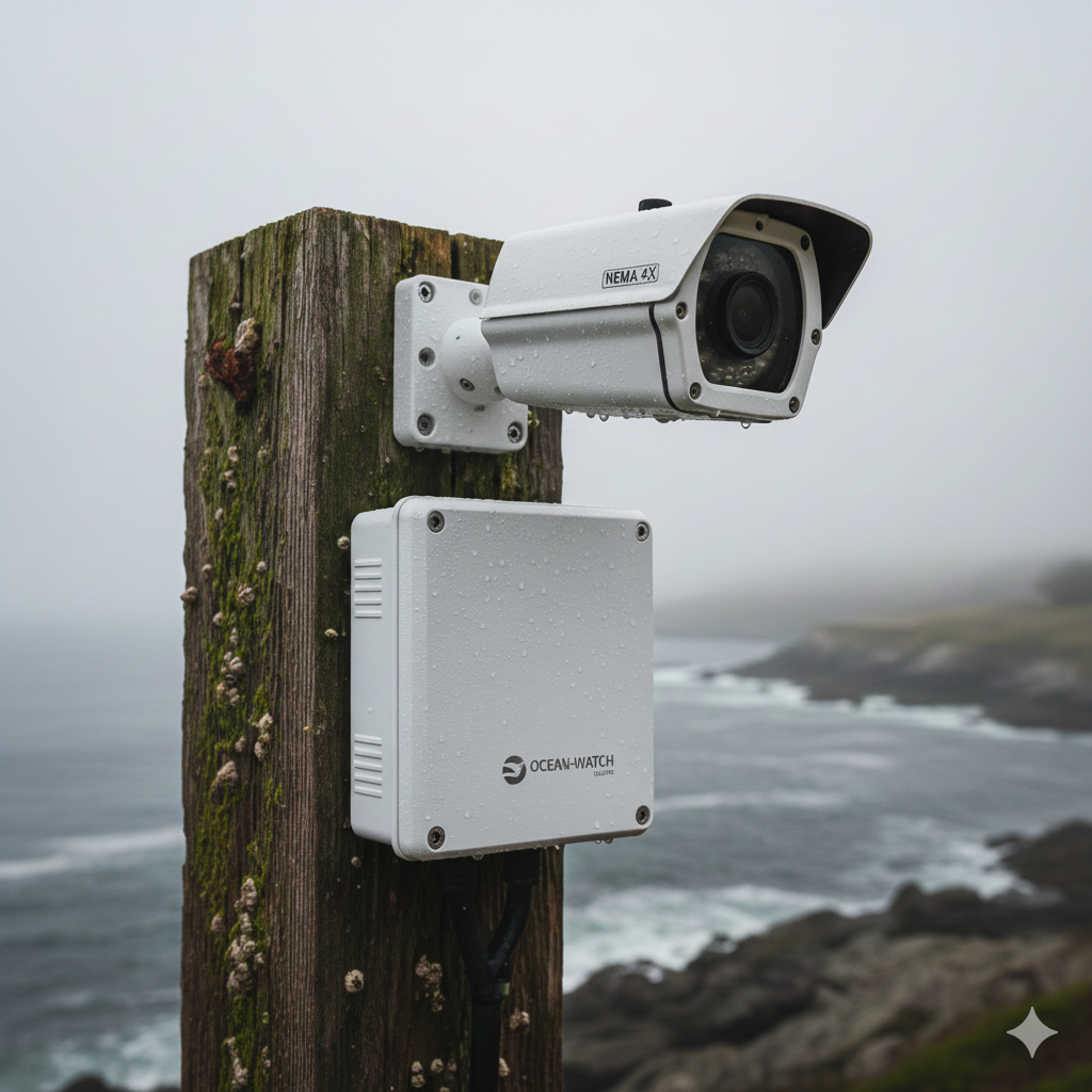 Câmara de segurança branca na costa montada num poste de madeira