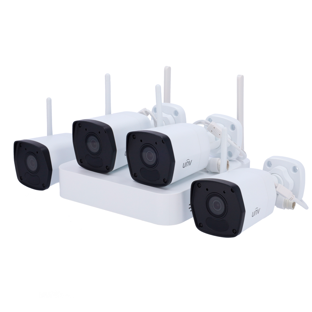 Kit Uniview UV‑KIT114‑B42W NVR 4 CH PoE + 4 Câmaras Bullet 2 MP Wi‑Fi com IR 30 m Kit Uniview UV‑KIT114‑B42W NVR 4 CH PoE + 4 Câmaras Bullet 2 MP Wi‑Fi com IR 30 m