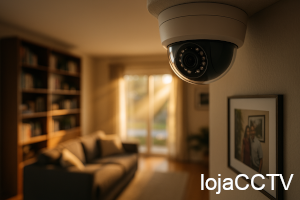 Câmara de segurança domo branca num teto de sala de estar com sofá e estante de livros