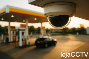 Câmara de vigilância branca num posto de abastecimento com um carro preto ao fundo