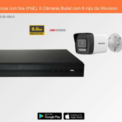 Sistema de videovigilância Hikvision com gravador preto e câmara branca