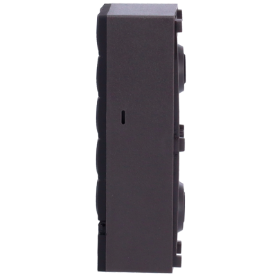 Produto preto retangular visto de lado com botões nas laterais