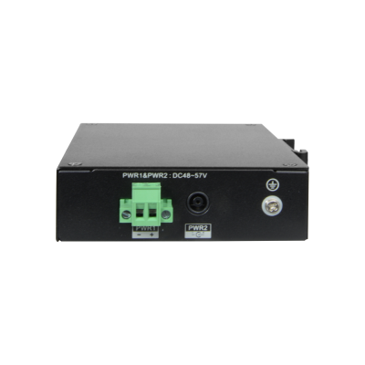 Dispositivo eletrónico preto com ligações de energia PWR1 e PWR2 para DC48-57V