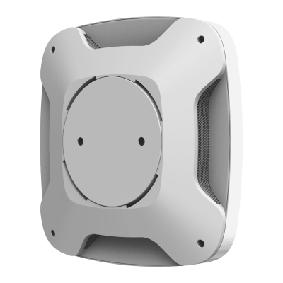 Dispositivo sensor quadrado branco com círculo cinza no centro e detalhes em malha cinza nas laterais