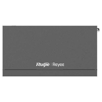 Dispositivo electrónico cinza escuro com marcas Ruijie e Reyee