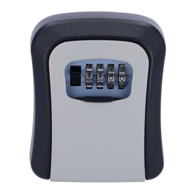 Cofre de combinação cinzento e preto com quatro dígitos e roda de ajuste