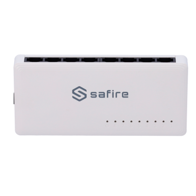 Switch de rede Safire branco com 8 portas e luzes indicadoras