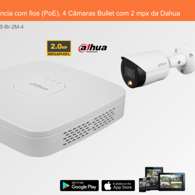 Sistema de Videovigilância com fios (PoE), 4 Câmaras Bullet com 2 mpx da Dahua