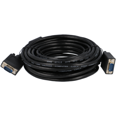 Cabo VGA preto com conectores de 15 pinos em ambas as extremidades.