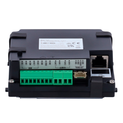 Placa eletrónica preta com conexões verdes e porta RJ45