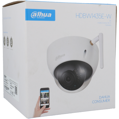 Embalagem branca com imagem de câmara dome Dahua HDBW1435E-W e telemóvel com imagem da câmara