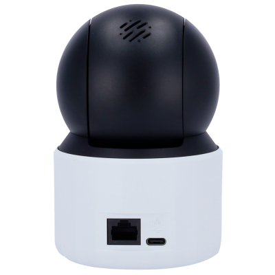 Câmara de segurança preta e branca com portas Ethernet e USB-C no fundo