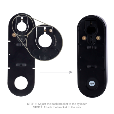 Suporte preto para fechadura com adaptador ajustável e texto de instruções em inglês.