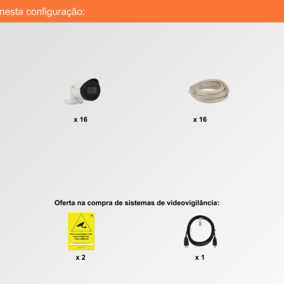 Sistema de Videovigilância com fios (IP) e Switch PoE, 16 Câmaras Bullet com 2 mpx da Dahua