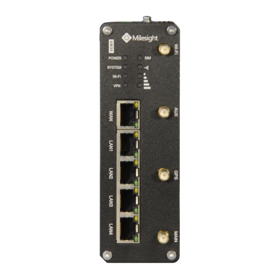 Dispositivo de rede preto Milesight com portas Ethernet e antenas