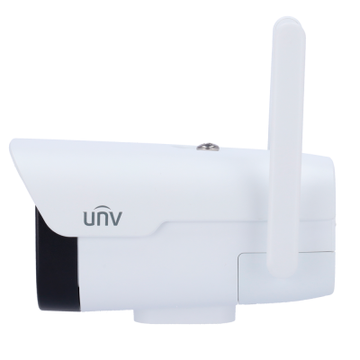 Câmara de vigilância exterior branca com antena e logótipo UNV