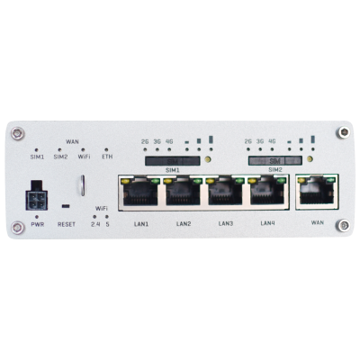 Dispositivo de rede branco com portas Ethernet, ranhuras para SIM, botões e indicadores.