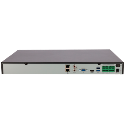 Gravador digital de vídeo preto e cinzento com várias portas na parte traseira