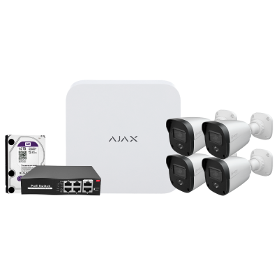 Kit Ajax AJ‑NVRKIT108B‑4 com NVR 8 CH PoE + 4 Câmaras Turret 2 MP Wi‑Fi com IR 30 m