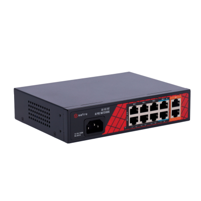 Switch de rede Safina preto com várias portas Ethernet e texto frontal