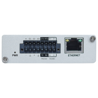 painel traseiro do equipamento eletrónico com ligações RS232 RS485 e Ethernet