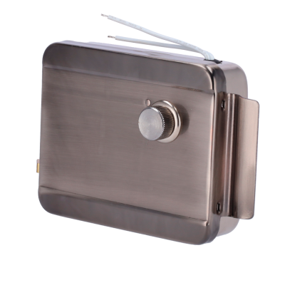 Fecho de porta metálico prateado com botão redondo de ajuste