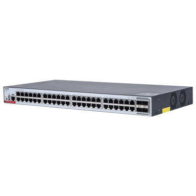 Comutador de rede cinza com 48 portas Ethernet e 4 adicionais, ventoinha lateral