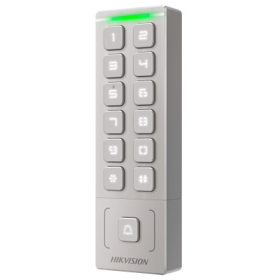 Teclado numérico cinza com botões e campainha da marca HIKVISION