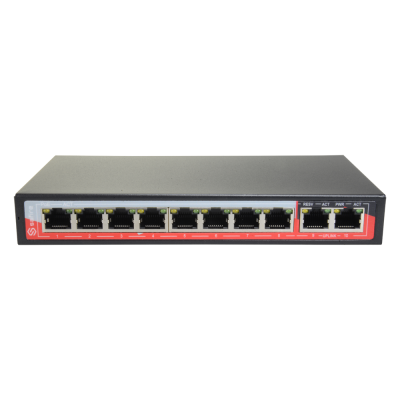 Switch de rede Ethernet preto com 10 portas RJ45 e luzes LED