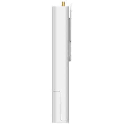 Dispositivo eletrônico branco com botão lateral cinza e ponta metálica dourada