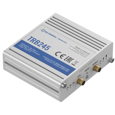 Dispositivo elétrico Teltonika TRB245 caixa metálica prateada