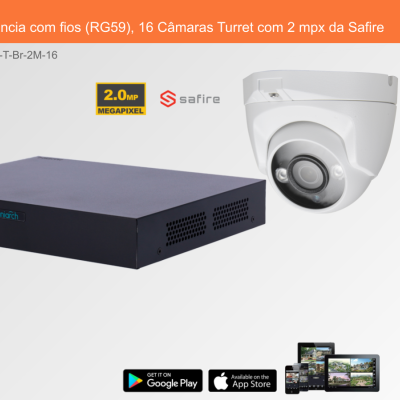 Sistema de Videovigilância com fios (RG59), 16 Câmaras Turret com 2 mpx da Safire