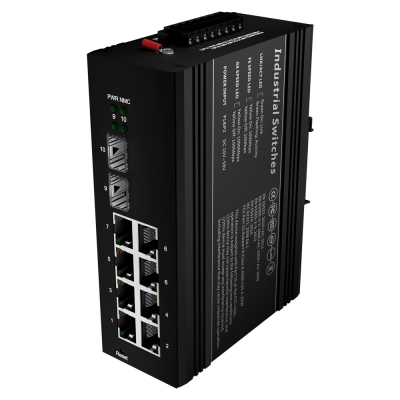 Switch industrial preto com 8 portas Ethernet e 2 portas SFP, texto branco e luzes LED verdes.