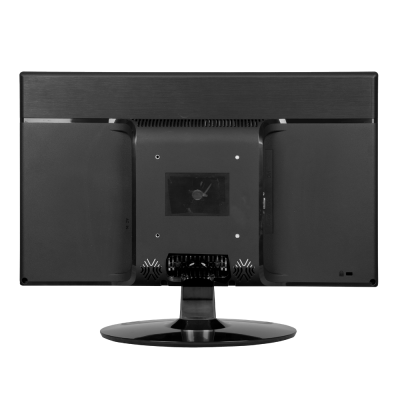 Monitor preto visto de trás com base circular e ventoinhas visíveis