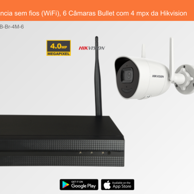 Sistema de videovigilância sem fios com seis câmaras Bullet brancas e gravador preto com antenas WiFi da Hikvision