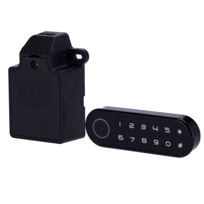 Dispositivo electrónico com unidade principal preta e teclado táctil com números.