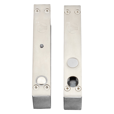 Duas fechaduras metálicas prateadas retangulares com parafusos e botões brancos