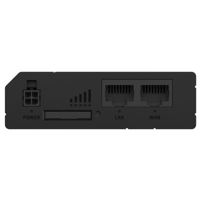 Parte traseira de dispositivo preto com portas POWER, LAN, WAN e indicador de sinal