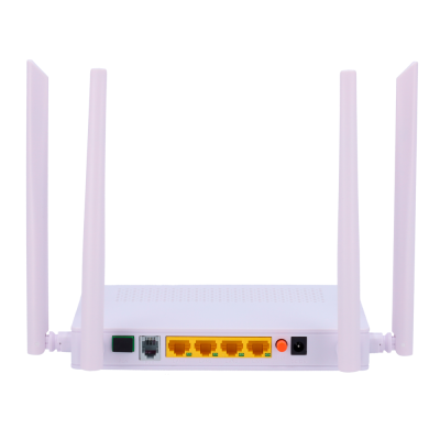 Roteador Wi-Fi branco com quatro antenas e várias portas na parte traseira