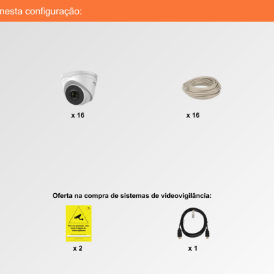 Componentes de sistema de videovigilância com câmaras, cabos, rato e placas de aviso